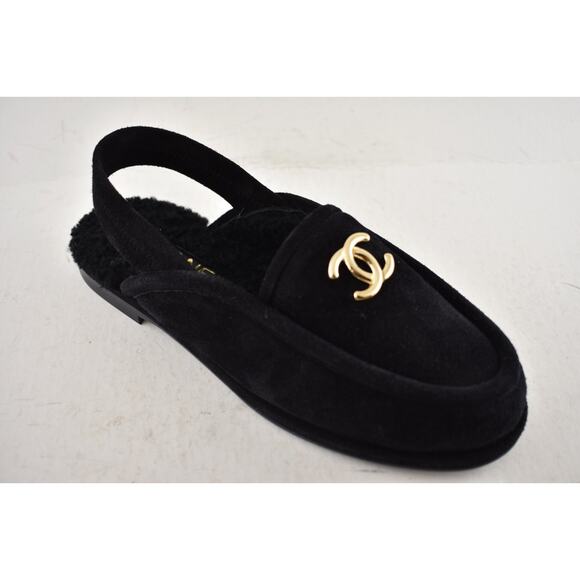 Chanel 25A Black Suede Shearling CC Moccasin Ballet Slingback Loafer Flat 36.5 - Picture 5 of 15